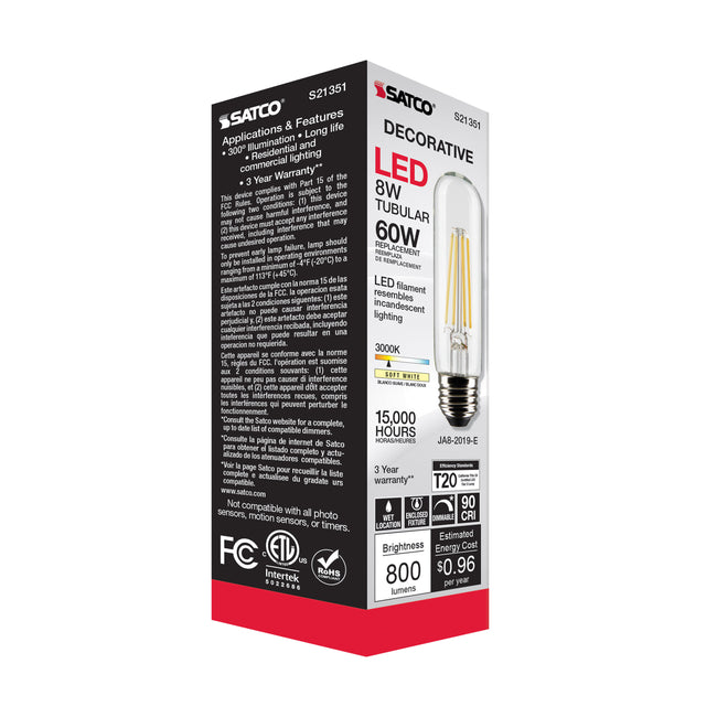 Satco 8W (60W Equivalent) T10 Tubular LED Filament Bulb, E26 Medium Base, 3000K, 90+ CRI, Dimmable, Wet Rated, Clear, alternate view [Satco-S21351|CUSTOM|5]