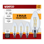 Satco 4W (40W Equivalent) B11 Torpedo LED Filament Bulb, E12 Candelabra Base, 2700K, 90+ CRI, Dimmable, Wet Rated, Clear / 3-Pack, alternate view [Satco-S21366|CUSTOM|2]