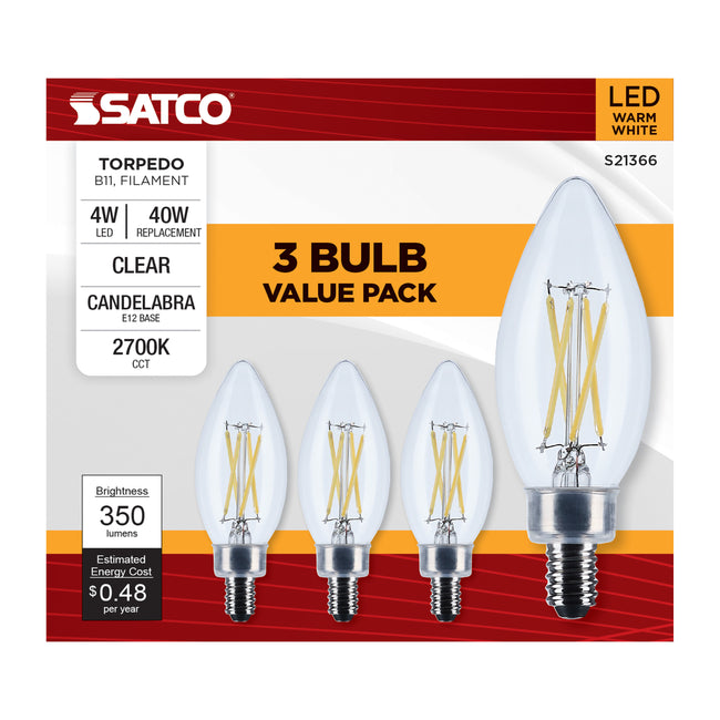 Satco 4W (40W Equivalent) B11 Torpedo LED Filament Bulb, E12 Candelabra Base, 2700K, 90+ CRI, Dimmable, Wet Rated, Clear / 3-Pack, alternate view [Satco-S21366|CUSTOM|2]