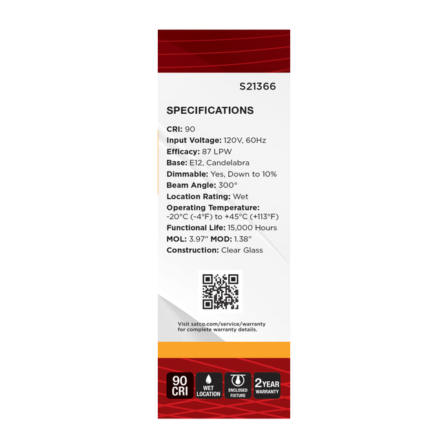 Satco 4W (40W Equivalent) B11 Torpedo LED Filament Bulb, E12 Candelabra Base, 2700K, 90+ CRI, Dimmable, Wet Rated, Clear / 3-Pack, alternate view [Satco-S21366|CUSTOM|4]