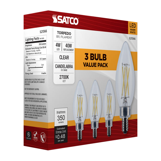 Satco 4W (40W Equivalent) B11 Torpedo LED Filament Bulb, E12 Candelabra Base, 2700K, 90+ CRI, Dimmable, Wet Rated, Clear / 3-Pack, alternate view [Satco-S21366|CUSTOM|7]