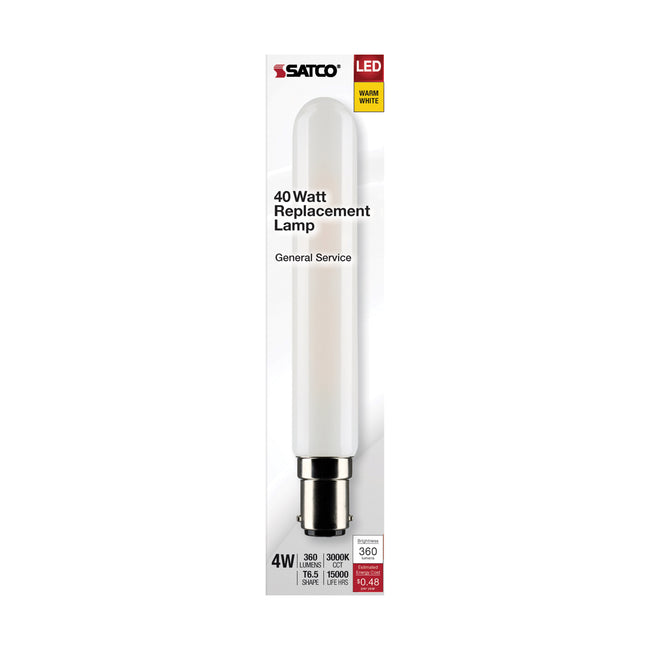 Satco 4W (40W Equivalent) T6.5 LED Filament Bulb, BA15d Base, 3000K, 90+ CRI, Dimmable, Wet Rated, Frost / Single (Box), alternate view [Satco-S21376|CUSTOM|1]