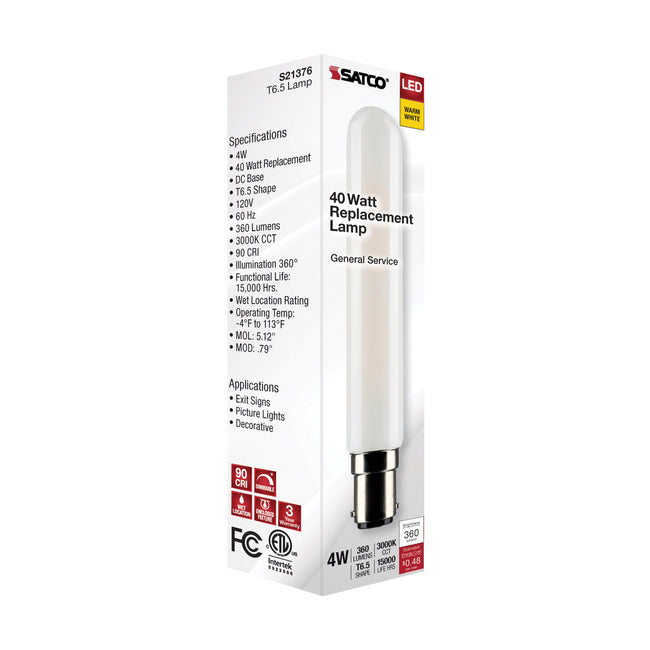 Satco 4W (40W Equivalent) T6.5 LED Filament Bulb, BA15d Base, 3000K, 90+ CRI, Dimmable, Wet Rated, Frost / Single (Box), alternate view [Satco-S21376|CUSTOM|6]