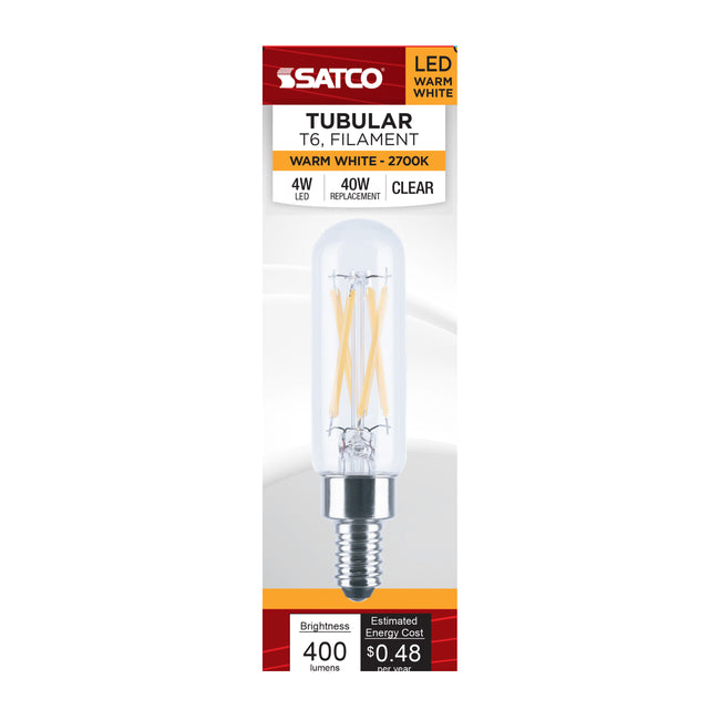 Satco 4W (40W Equivalent) T6 Tubular LED Filament Bulb, E12 Candelabra Base, 2700K, 90+ CRI, Dimmable, Wet Rated, Clear, alternate view [Satco-S21380|CUSTOM|3]