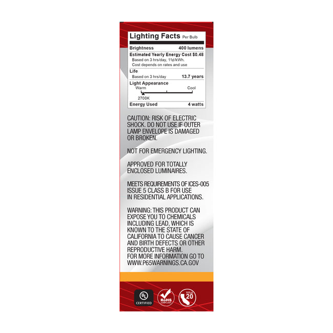 Satco 4W (40W Equivalent) T6 Tubular LED Filament Bulb, E12 Candelabra Base, 2700K, 90+ CRI, Dimmable, Wet Rated, Clear, alternate view [Satco-S21380|CUSTOM|6]