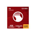 Satco 4W (40W Equivalent) T6 Tubular LED Filament Bulb, E12 Candelabra Base, 2700K, 90+ CRI, Dimmable, Wet Rated, Clear, alternate view [Satco-S21380|CUSTOM|7]