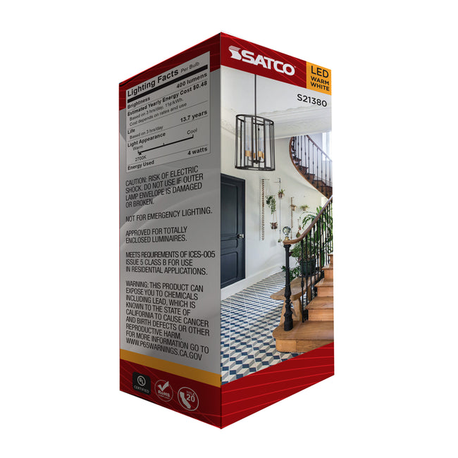 Satco 4W (40W Equivalent) T6 Tubular LED Filament Bulb, E12 Candelabra Base, 2700K, 90+ CRI, Dimmable, Wet Rated, Clear, alternate view [Satco-S21380|CUSTOM|8]