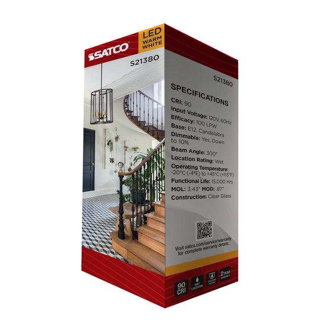 Satco 4W (40W Equivalent) T6 Tubular LED Filament Bulb, E12 Candelabra Base, 2700K, 90+ CRI, Dimmable, Wet Rated, Clear, alternate view [Satco-S21380|CUSTOM|9]