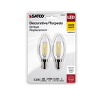 Satco 5.5W (60W Equivalent) B11 Torpedo LED Filament Bulb, E12 Candelabra Base, 2700K, 90+ CRI, Dimmable, Wet Rated, Clear / 2-Pack (Carded), alternate view [Satco-S21827|CUSTOM|1]