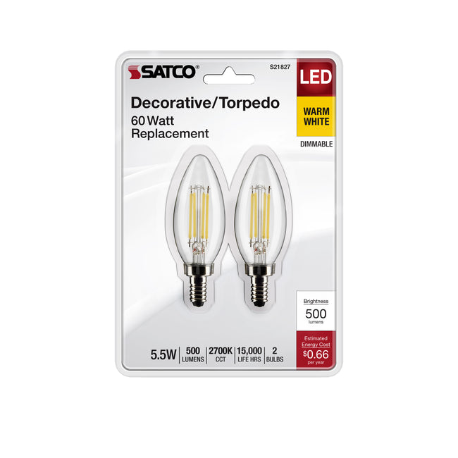 Satco 5.5W (60W Equivalent) B11 Torpedo LED Filament Bulb, E12 Candelabra Base, 2700K, 90+ CRI, Dimmable, Wet Rated, Clear / 2-Pack (Carded), alternate view [Satco-S21827|CUSTOM|1]