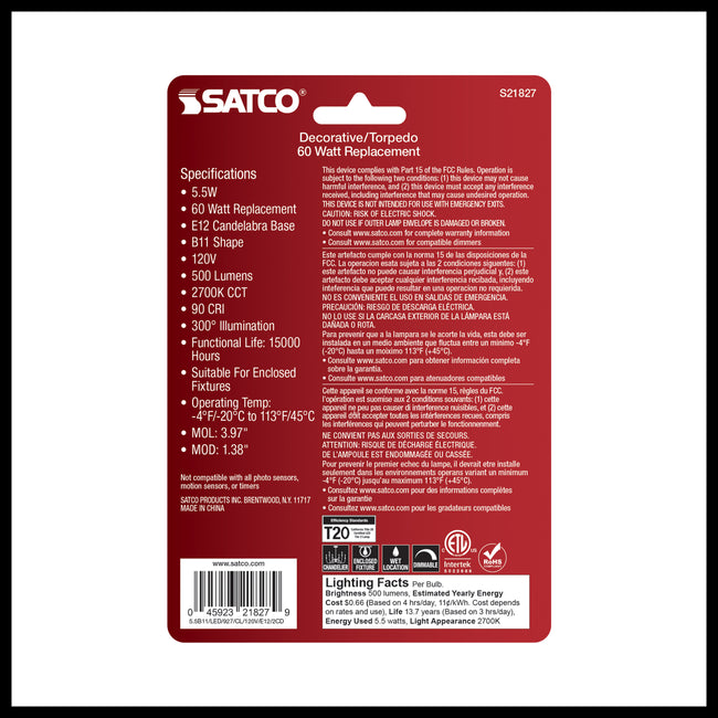 Satco 5.5W (60W Equivalent) B11 Torpedo LED Filament Bulb, E12 Candelabra Base, 2700K, 90+ CRI, Dimmable, Wet Rated, Clear / 2-Pack (Carded), alternate view [Satco-S21827|CUSTOM|2]