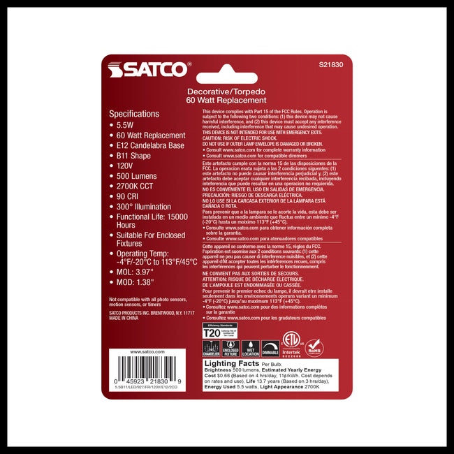 Satco 5.5W (60W Equivalent) B11 Torpedo LED Filament Bulb, E12 Candelabra Base, 2700K, 90+ CRI, Dimmable, Wet Rated, Frost / 2-Pack (Carded), alternate view [Satco-S21830|CUSTOM|1]