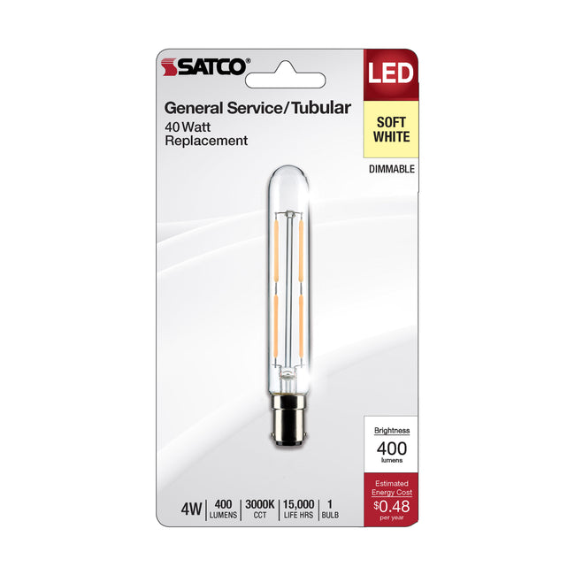 Satco 4W (40W Equivalent) T6.5 LED Filament Bulb, BA15d Base, 3000K, 90+ CRI, Dimmable, Wet Rated, Clear / Single (Carded), alternate view [Satco-S21861|CUSTOM|1]