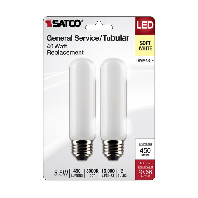 Satco 5.5W (40W Equivalent) T10 Tubular LED Filament Bulb, E26 Medium Base, 3000K, 90+ CRI, Dimmable, Wet Rated, Frost / 2-Pack (Carded), alternate view [Satco-S21864|CUSTOM|1]