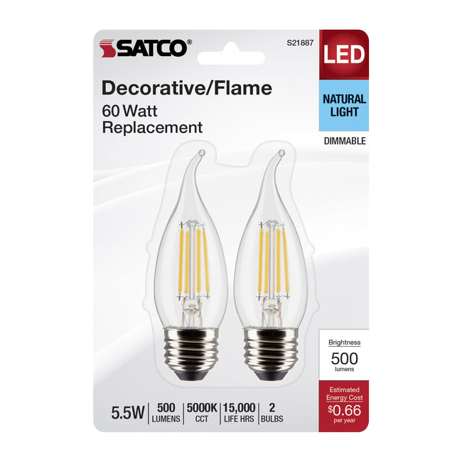 Satco 5.5W (60W Equivalent) CA10 Flame Tip LED Filament Bulb, E26 Medium Base, 5000K, 90+ CRI, Dimmable, Wet Rated, Clear, alternate view [Satco-S21887|CUSTOM|1]