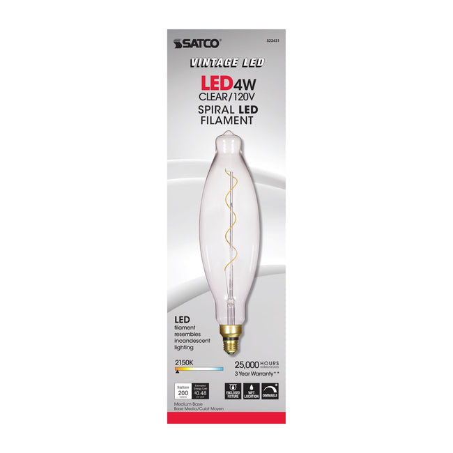 Satco 4W (40W Equivalent) BT38 LED Filament Bulb, E26 Medium Base, 2150K, 90+ CRI, Dimmable, Wet Rated, Clear with Clear Glass, alternate view [Satco-S22431|CUSTOM|1]