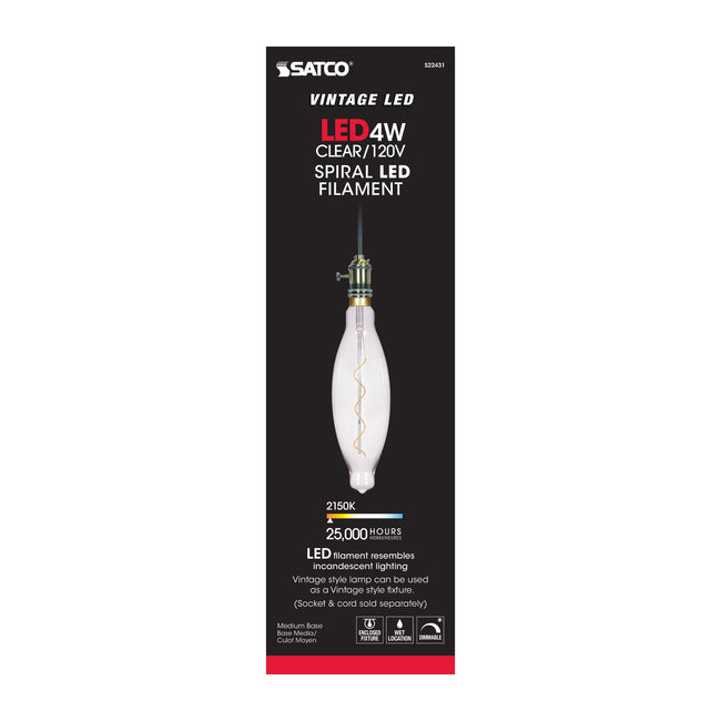 Satco 4W (40W Equivalent) BT38 LED Filament Bulb, E26 Medium Base, 2150K, 90+ CRI, Dimmable, Wet Rated, Clear with Clear Glass, alternate view [Satco-S22431|CUSTOM|2]