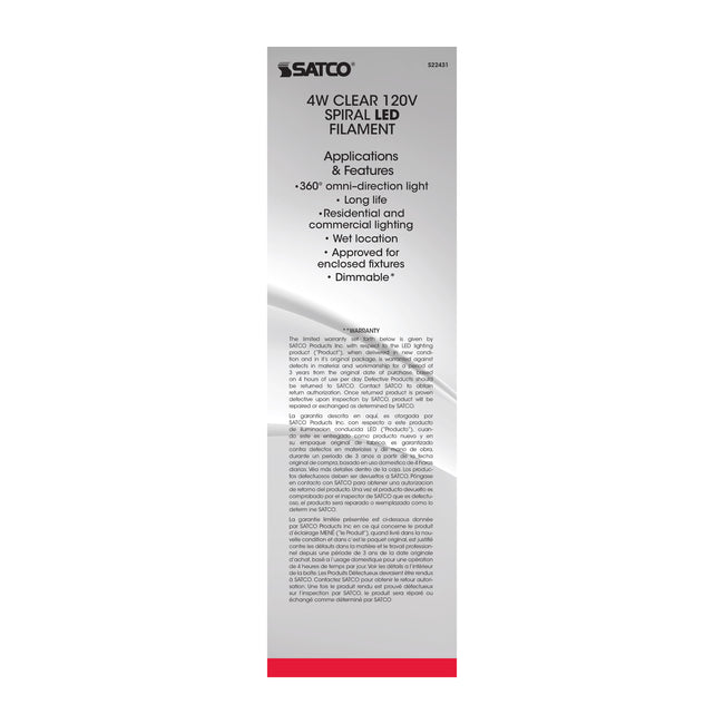 Satco 4W (40W Equivalent) BT38 LED Filament Bulb, E26 Medium Base, 2150K, 90+ CRI, Dimmable, Wet Rated, Clear with Clear Glass, alternate view [Satco-S22431|CUSTOM|3]