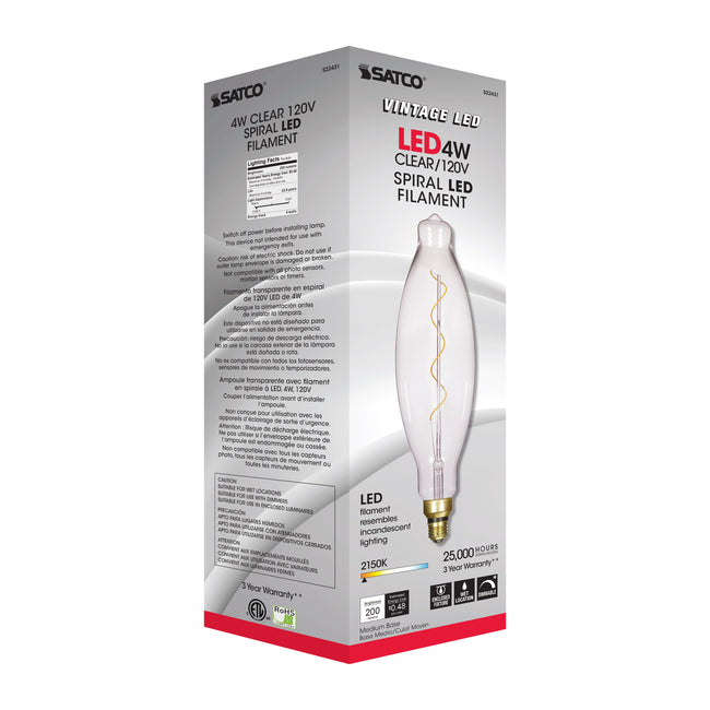 Satco 4W (40W Equivalent) BT38 LED Filament Bulb, E26 Medium Base, 2150K, 90+ CRI, Dimmable, Wet Rated, Clear with Clear Glass, alternate view [Satco-S22431|CUSTOM|7]
