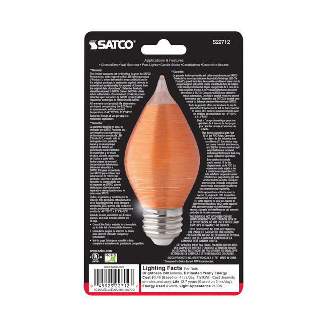 Satco 4W (40W Equivalent) C15 LED Filament Bulb, E26 Medium Base, 2100K, 80+ CRI, Dimmable, Damp Rated, Single (Clamshell), alternate view [Satco-S22712|CUSTOM|2]