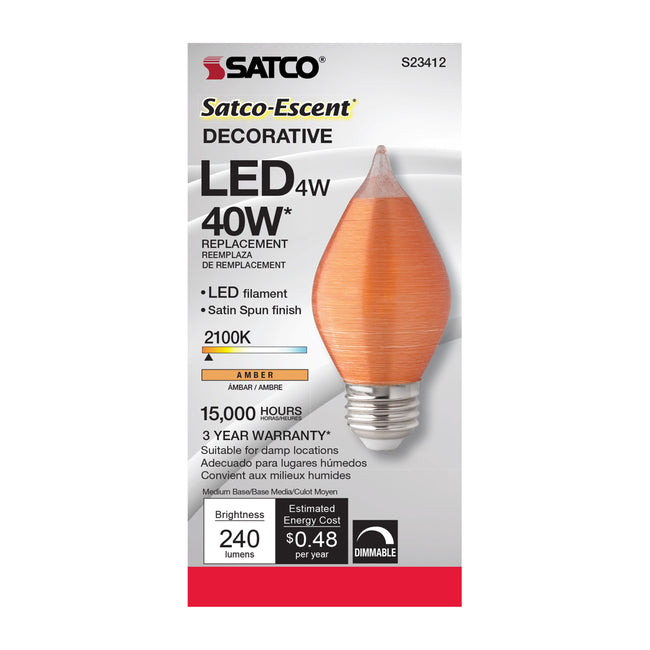 Satco 4W (40W Equivalent) C15 LED Filament Bulb, E26 Medium Base, 2100K, 80+ CRI, Dimmable, Damp Rated, Single (Box), alternate view [Satco-S23412|CUSTOM|3]