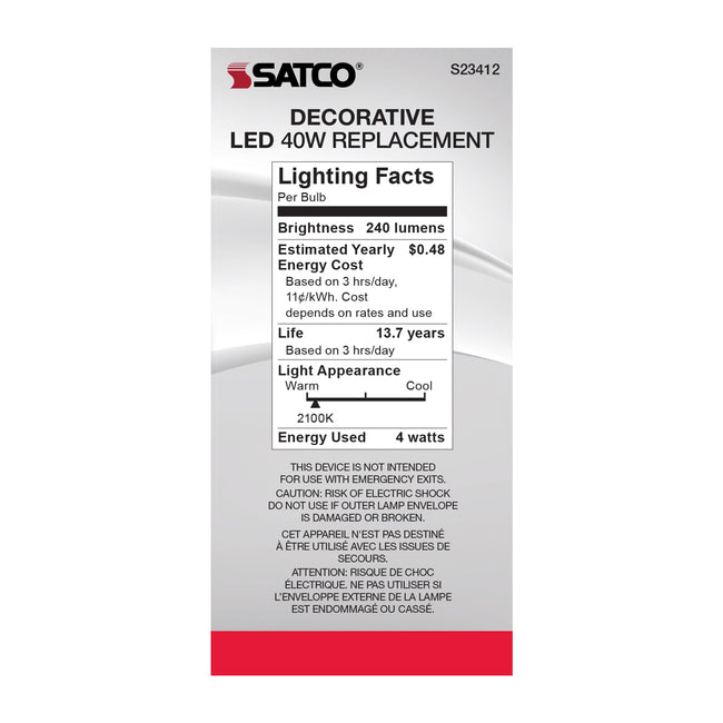 Satco 4W (40W Equivalent) C15 LED Filament Bulb, E26 Medium Base, 2100K, 80+ CRI, Dimmable, Damp Rated, Single (Box), alternate view [Satco-S23412|CUSTOM|5]