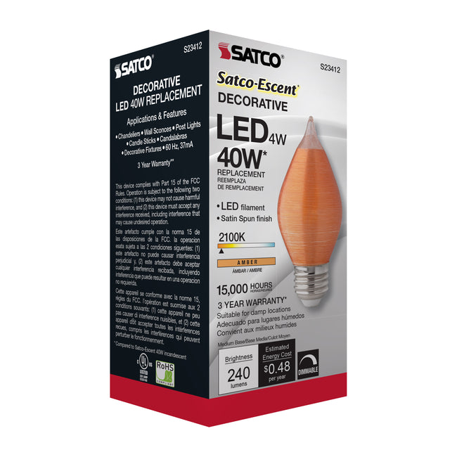 Satco 4W (40W Equivalent) C15 LED Filament Bulb, E26 Medium Base, 2100K, 80+ CRI, Dimmable, Damp Rated, Single (Box), alternate view [Satco-S23412|CUSTOM|8]