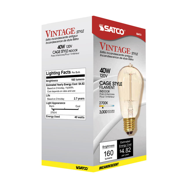 Satco 40W ST19 Edison Incandescent Bulb, E26 Medium Base, 2700K, 100+ CRI, Dimmable, Cage Style Filament, Clear with Clear Glass, alternate view [Satco-S2413|CUSTOM|7]