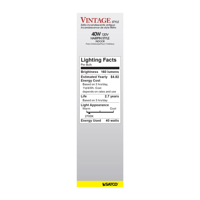 Satco 40W T9 Tubular Incandescent Bulb, E26 Medium Base, 2700K, 100+ CRI, Dimmable, 5.5" Long, alternate view [Satco-S2426|CUSTOM|3]