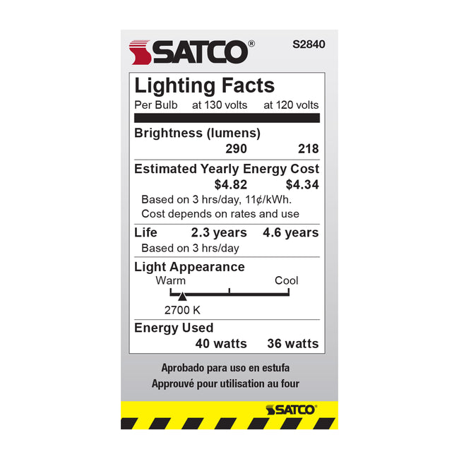 Satco 40W A15 Appliance Incandescent Bulb, E26 Medium Base, 300 Lumens, 130V, Shatter Proof, Clear with Clear Glass, alternate view [Satco-S2840|CUSTOM|4]