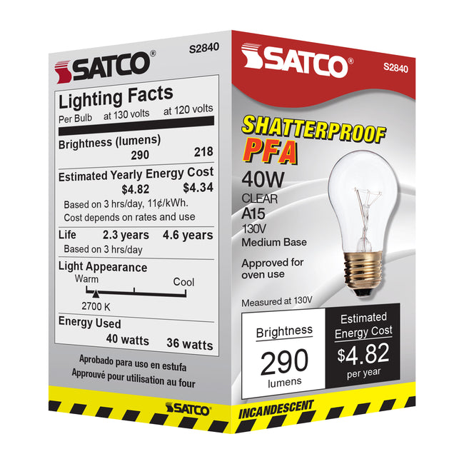 Satco 40W A15 Appliance Incandescent Bulb, E26 Medium Base, 300 Lumens, 130V, Shatter Proof, Clear with Clear Glass, alternate view [Satco-S2840|CUSTOM|5]