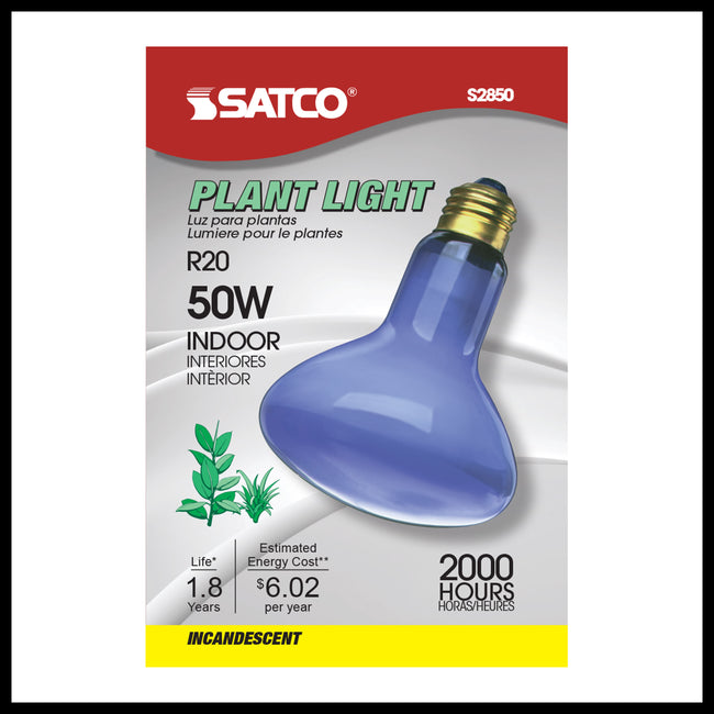 Satco 50W R20 Incandescent Bulb, E26 Medium Base, Dimmable, 120V, Blue with Grow Glass, alternate view [Satco-S2850|CUSTOM|1]