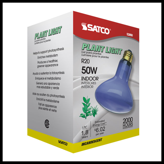 Satco 50W R20 Incandescent Bulb, E26 Medium Base, Dimmable, 120V, Blue with Grow Glass, alternate view [Satco-S2850|CUSTOM|6]