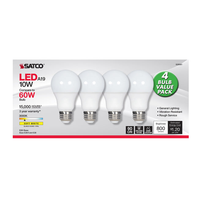 Satco 10W (60W Equivalent) A19 Standard LED Bulb, E26 Medium Base, 3000K, 90+ CRI, Damp Rated, Frost with Frost Glass, alternate view [Satco-S28561|CUSTOM|1]