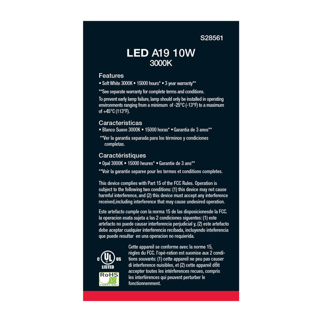 Satco 10W (60W Equivalent) A19 Standard LED Bulb, E26 Medium Base, 3000K, 90+ CRI, Damp Rated, Frost with Frost Glass, alternate view [Satco-S28561|CUSTOM|3]