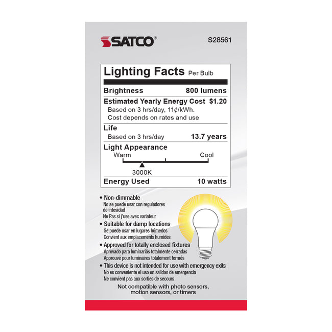 Satco 10W (60W Equivalent) A19 Standard LED Bulb, E26 Medium Base, 3000K, 90+ CRI, Damp Rated, Frost with Frost Glass, alternate view [Satco-S28561|CUSTOM|4]