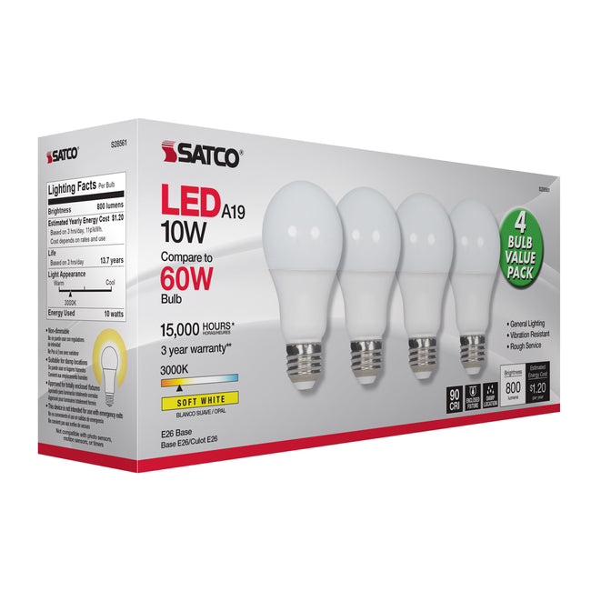 Satco 10W (60W Equivalent) A19 Standard LED Bulb, E26 Medium Base, 3000K, 90+ CRI, Damp Rated, Frost with Frost Glass, alternate view [Satco-S28561|CUSTOM|6]