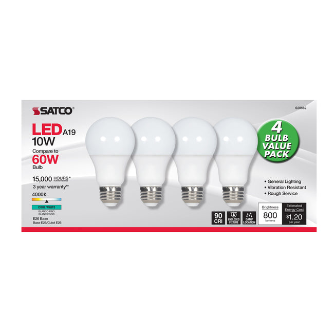 Satco 10W (60W Equivalent) A19 Standard LED Bulb, E26 Medium Base, 4000K, 90+ CRI, Damp Rated, Frost with Frost Glass, alternate view [Satco-S28562|CUSTOM|5]
