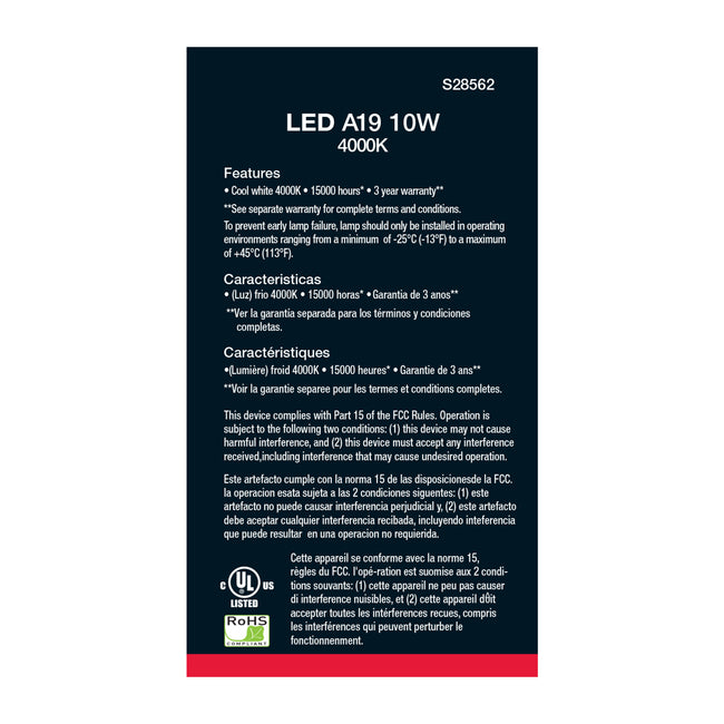 Satco 10W (60W Equivalent) A19 Standard LED Bulb, E26 Medium Base, 4000K, 90+ CRI, Damp Rated, Frost with Frost Glass, alternate view [Satco-S28562|CUSTOM|6]