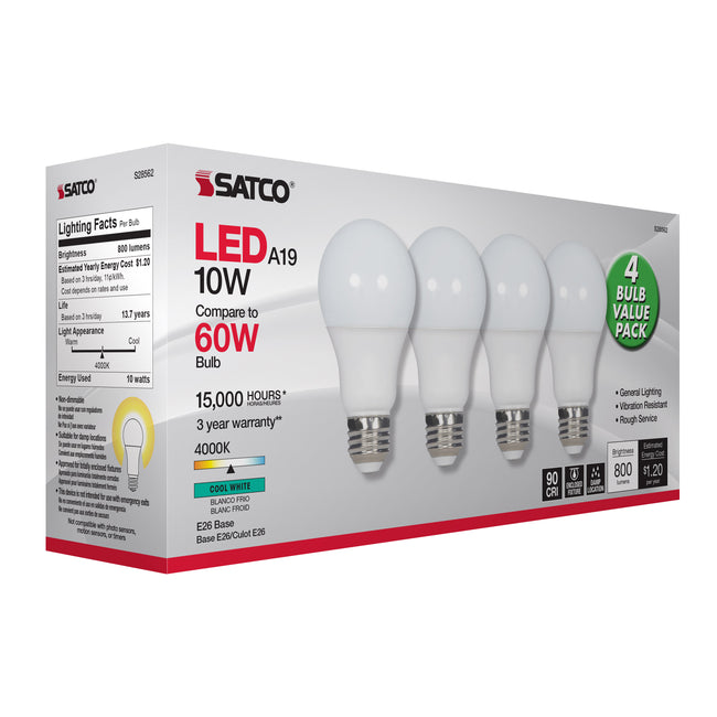 Satco 10W (60W Equivalent) A19 Standard LED Bulb, E26 Medium Base, 4000K, 90+ CRI, Damp Rated, Frost with Frost Glass, alternate view [Satco-S28562|CUSTOM|9]
