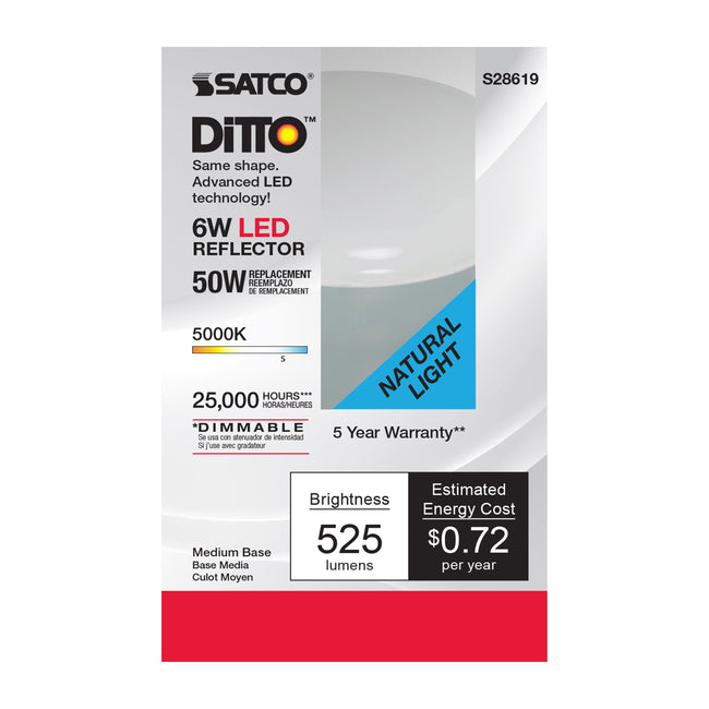 Satco 6W (45W Equivalent) R20 LED Bulb, E26 Medium Base, 5000K, 90+ CRI, 107° Beam, Dimmable, Damp Rated, alternate view [Satco-S28619|CUSTOM|1]