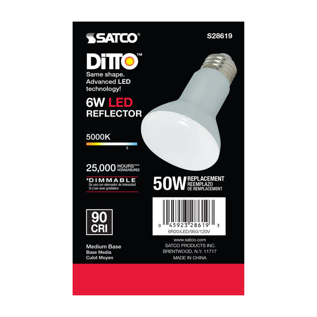 Satco 6W (45W Equivalent) R20 LED Bulb, E26 Medium Base, 5000K, 90+ CRI, 107° Beam, Dimmable, Damp Rated, alternate view [Satco-S28619|CUSTOM|2]