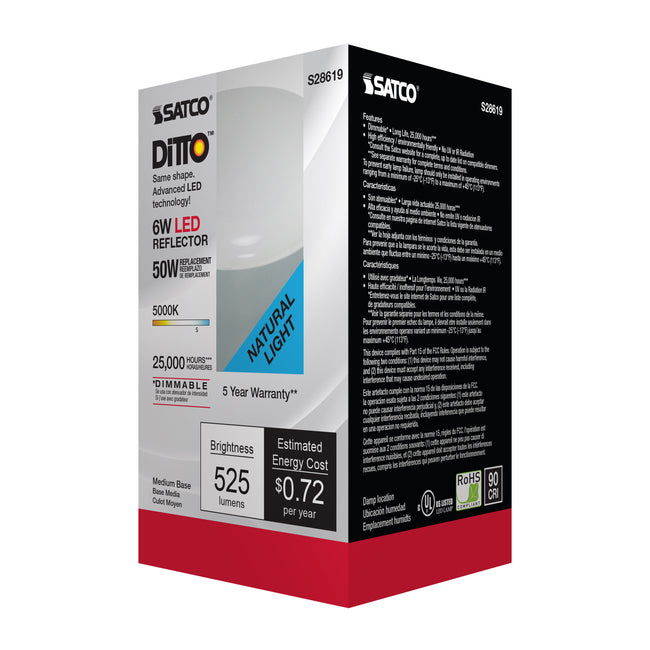 Satco 6W (45W Equivalent) R20 LED Bulb, E26 Medium Base, 5000K, 90+ CRI, 107° Beam, Dimmable, Damp Rated, alternate view [Satco-S28619|CUSTOM|5]