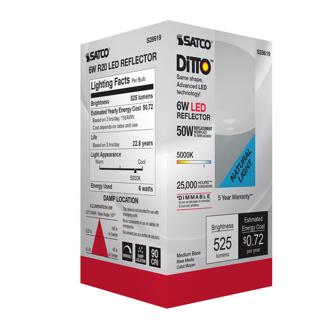 Satco 6W (45W Equivalent) R20 LED Bulb, E26 Medium Base, 5000K, 90+ CRI, 107° Beam, Dimmable, Damp Rated, alternate view [Satco-S28619|CUSTOM|6]