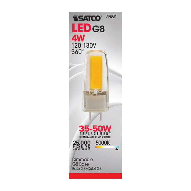 Satco 4W (25W Equivalent) T4 LED Bulb, G8 Base, 5000K, 80+ CRI, Dimmable, Damp Rated, alternate view [Satco-S28681|CUSTOM|2]