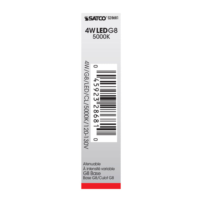 Satco 4W (25W Equivalent) T4 LED Bulb, G8 Base, 5000K, 80+ CRI, Dimmable, Damp Rated, alternate view [Satco-S28681|CUSTOM|4]
