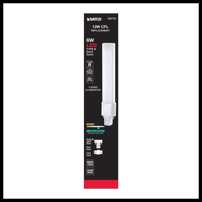 Satco 6W (40W Equivalent) PL LED Bulb, GX23 Base, 4000K, 80+ CRI, Damp Rated, alternate view [Satco-S28728|CUSTOM|3]