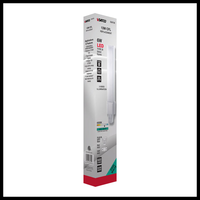 Satco 6W (40W Equivalent) PL LED Bulb, GX23 Base, 4000K, 80+ CRI, Damp Rated, alternate view [Satco-S28728|CUSTOM|6]
