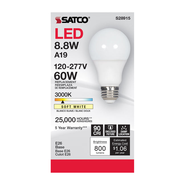 Satco 8.8W (60W Equivalent) A19 Standard LED Bulb, E26 Medium Base, 3000K, 90+ CRI, Damp Rated, alternate view [Satco-S28915|CUSTOM|1]