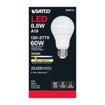 Satco 8.8W (60W Equivalent) A19 Standard LED Bulb, E26 Medium Base, 3000K, 90+ CRI, Damp Rated, alternate view [Satco-S28915|CUSTOM|2]